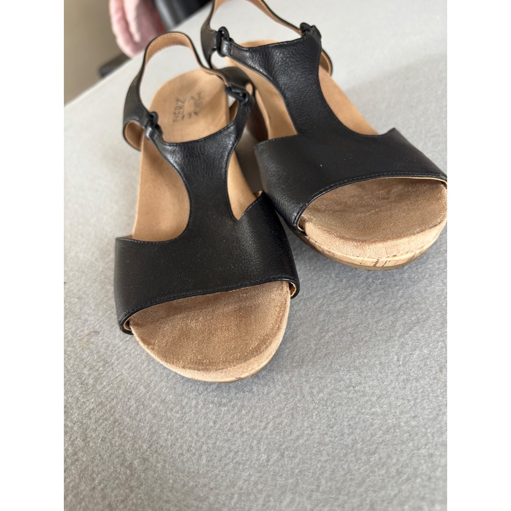 Naturalizer T-Strap Wedge Sandals 10M Excellent Black Cork Slingback Comfort - Picture 5 of 7